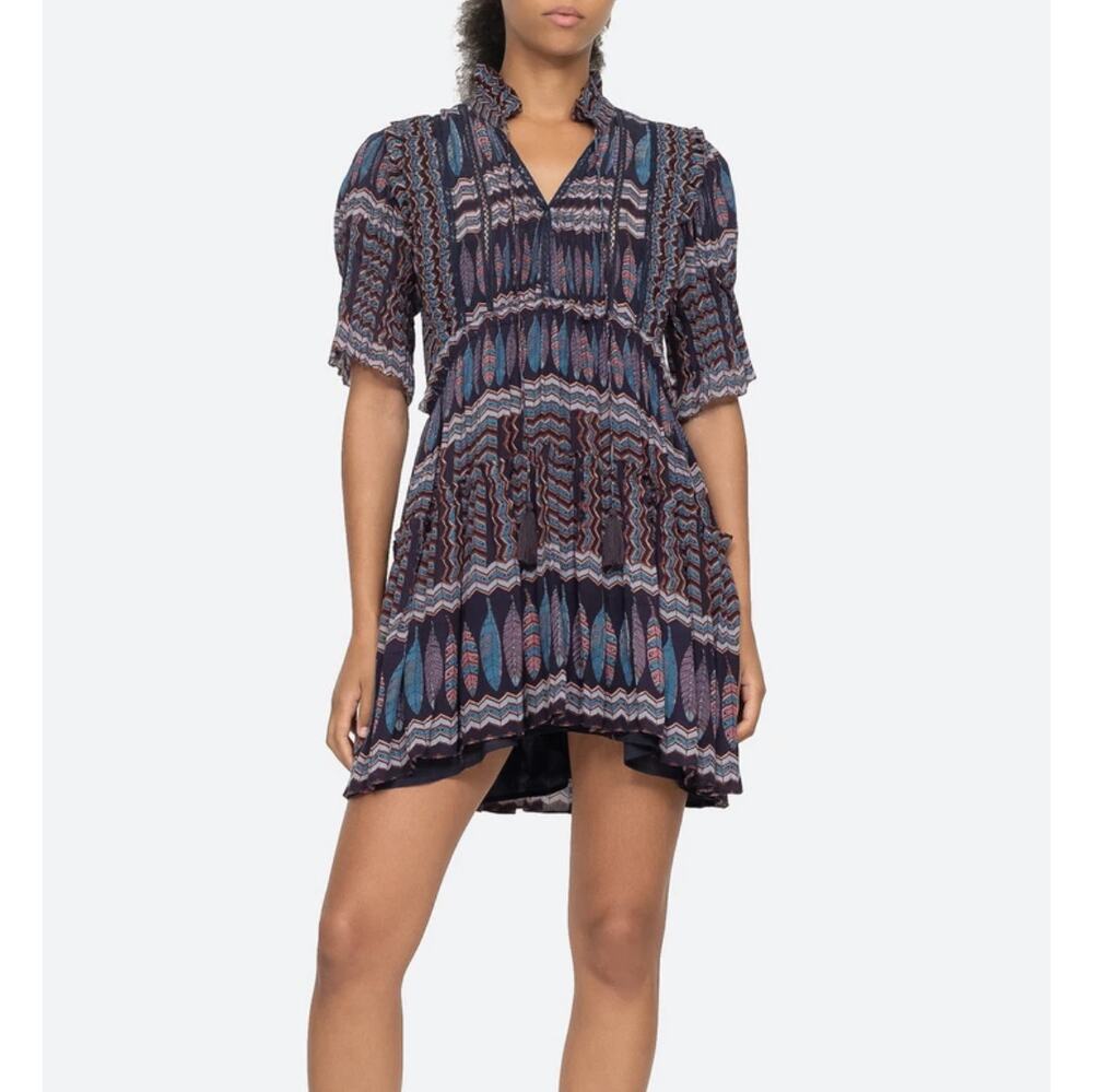 Sea New York Flora Dress Southwestern Chevron Feather Print Pleated SZ 6